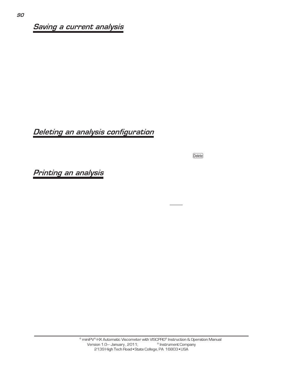 Saving a current analysis, Deleting an analysis configuration, Printing an analysis | Cannon Instrument miniPV-X User Manual | Page 96 / 130