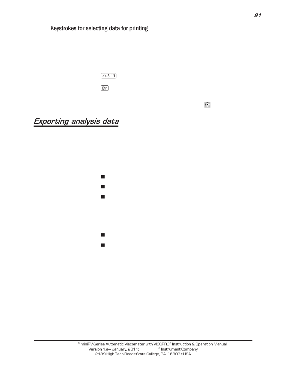 Exporting analysis data, Keystrokes for selecting data for printing | Cannon Instrument miniPV-X User Manual | Page 97 / 130