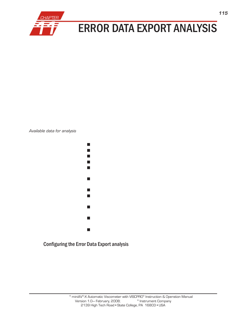 Error data export analysis, Configuring the error data export analysis | Cannon Instrument miniQV-X User Manual | Page 121 / 140