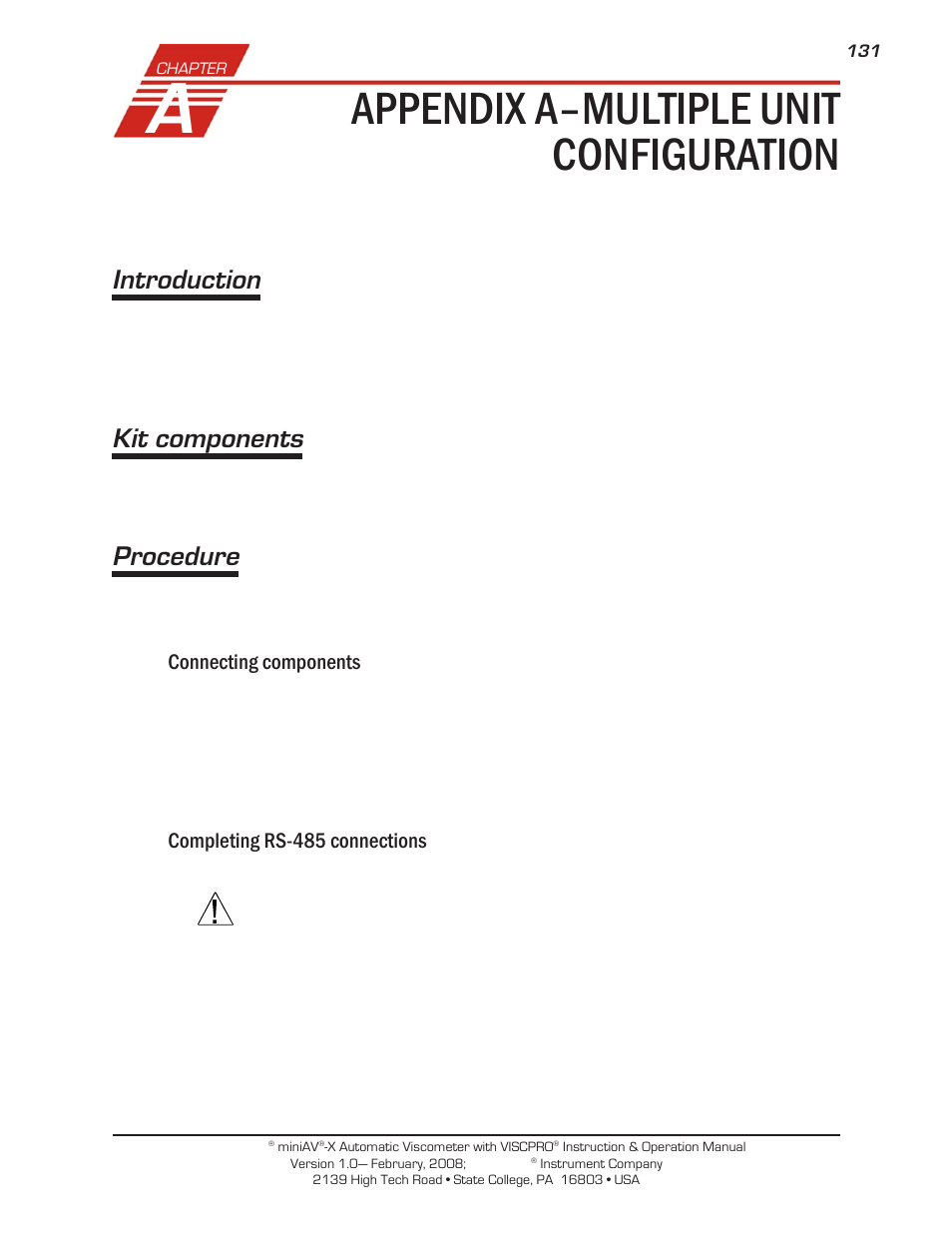 Appendix a–multiple unit configuration, Introduction, Kit components | Procedure | Cannon Instrument miniQV-X User Manual | Page 137 / 140
