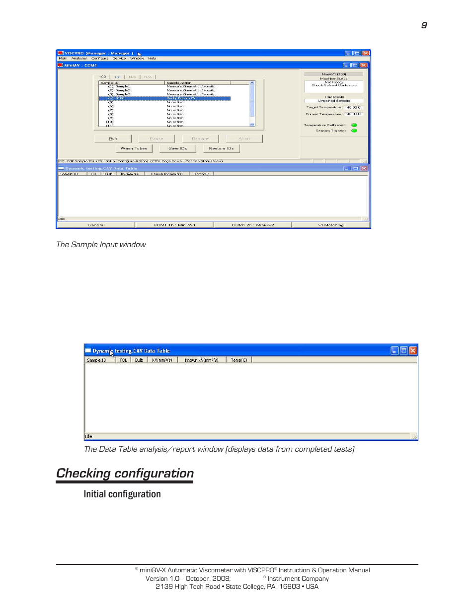 Checking configuration, Initial configuration | Cannon Instrument miniQV-X User Manual | Page 15 / 140