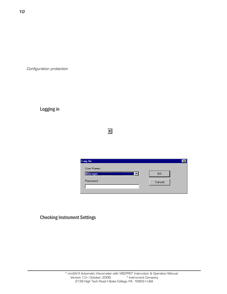 Logging in, Checking instrument settings | Cannon Instrument miniQV-X User Manual | Page 16 / 140