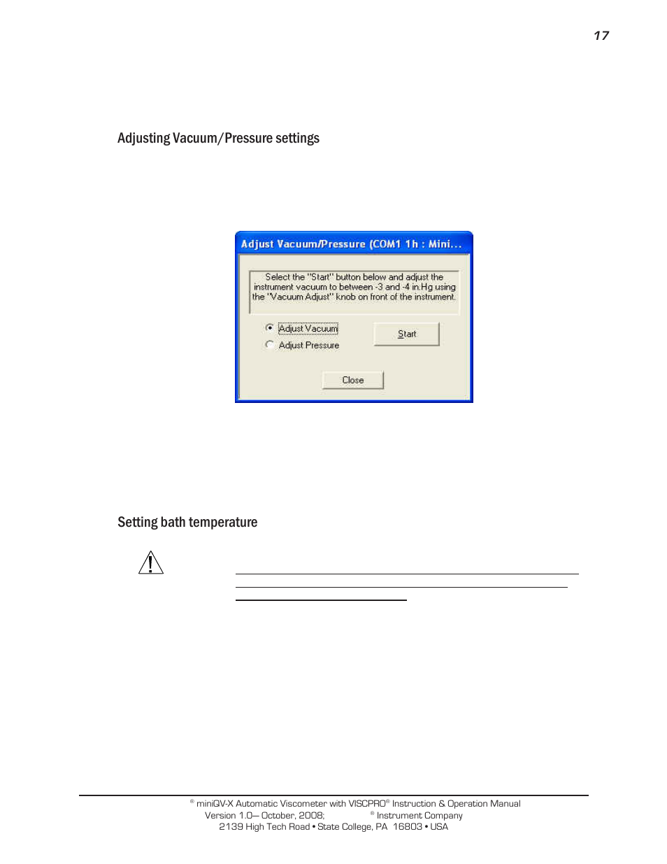 Adjusting vacuum/pressure settings, Setting bath temperature | Cannon Instrument miniQV-X User Manual | Page 23 / 140