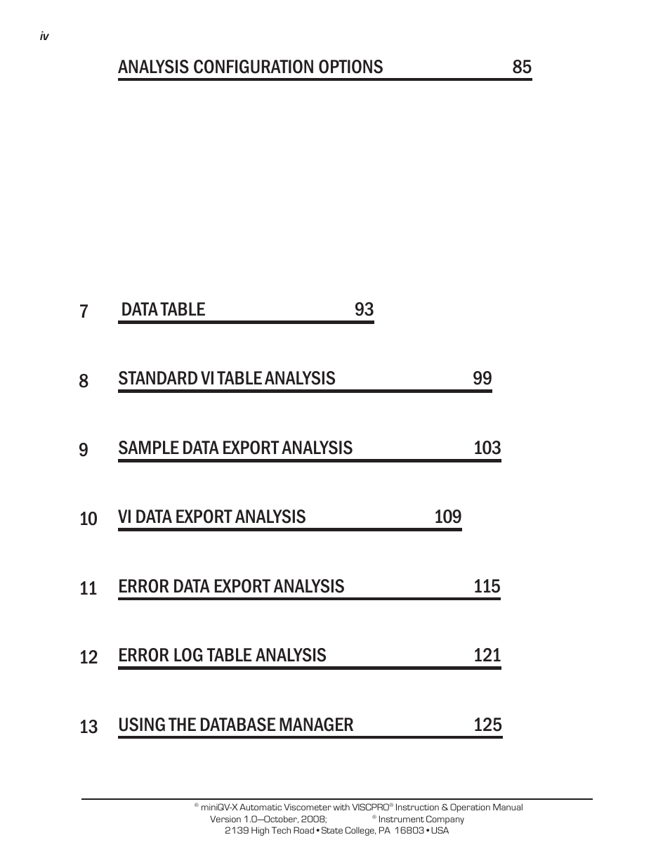 Analysis configuration options 85, 7data table 93, 8standard vi table analysis 99 | 9sample data export analysis 103 | Cannon Instrument miniQV-X User Manual | Page 4 / 140