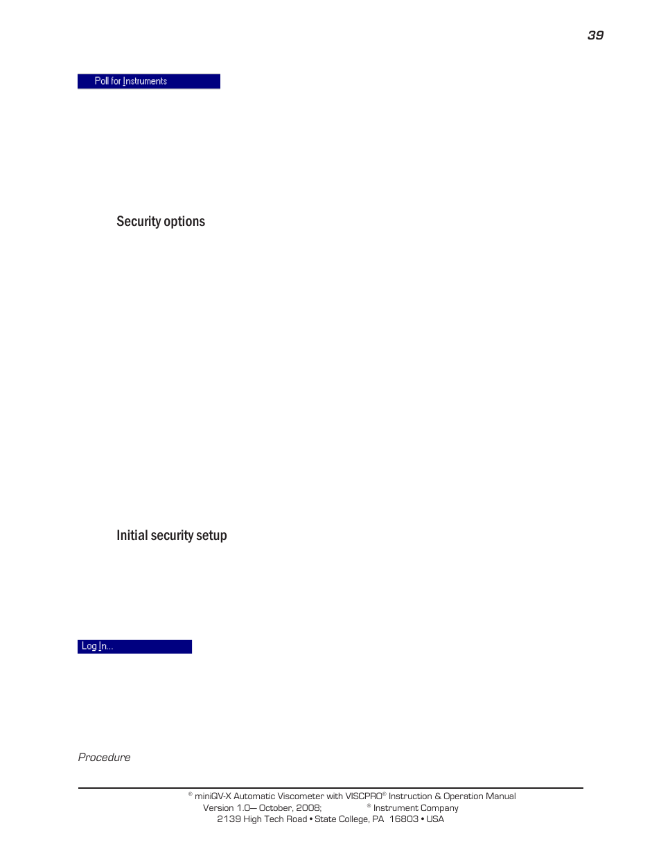 Security options, Initial security setup | Cannon Instrument miniQV-X User Manual | Page 45 / 140