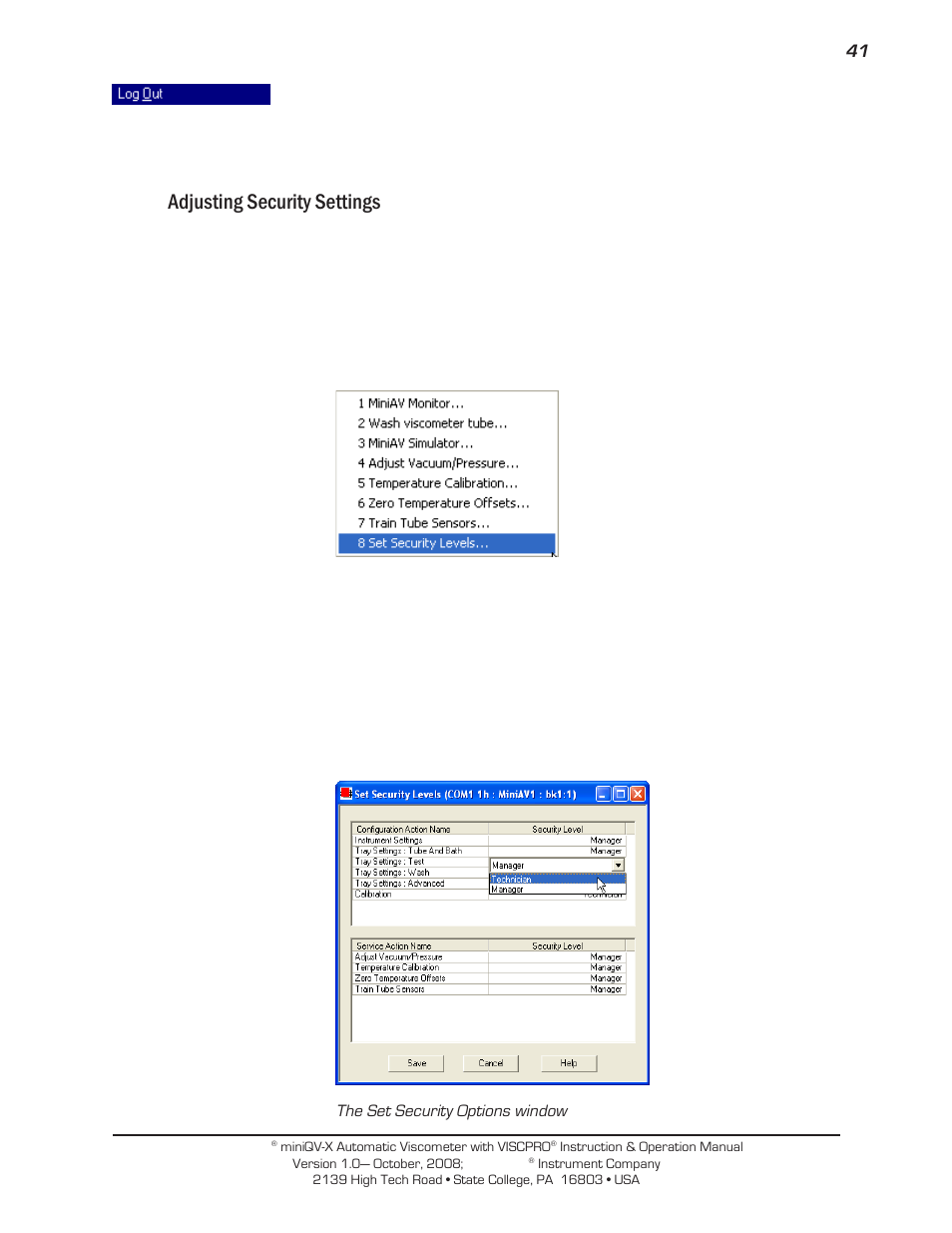 Adjusting security settings | Cannon Instrument miniQV-X User Manual | Page 47 / 140