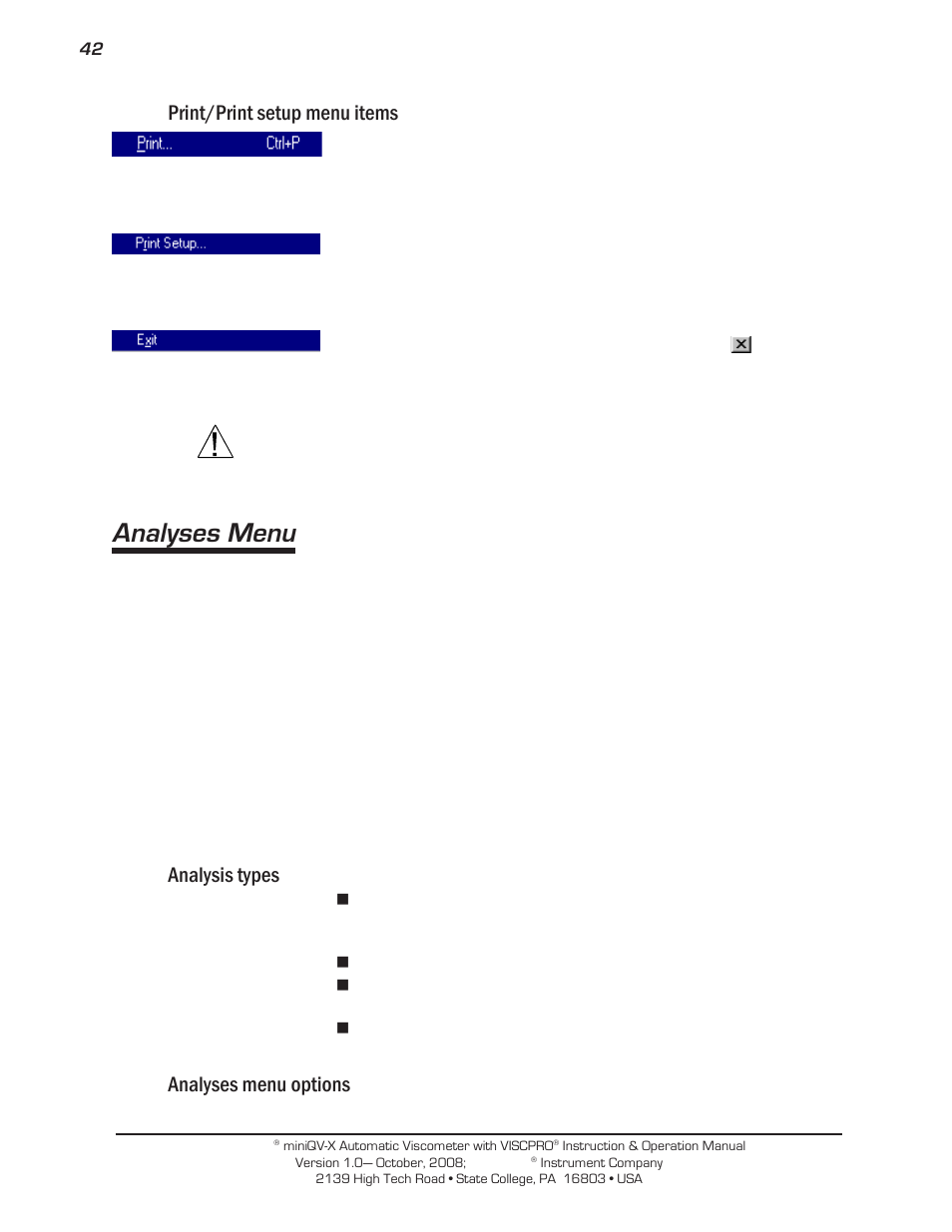 Analyses menu, Print/print setup menu items, Analysis types | Analyses menu options | Cannon Instrument miniQV-X User Manual | Page 48 / 140