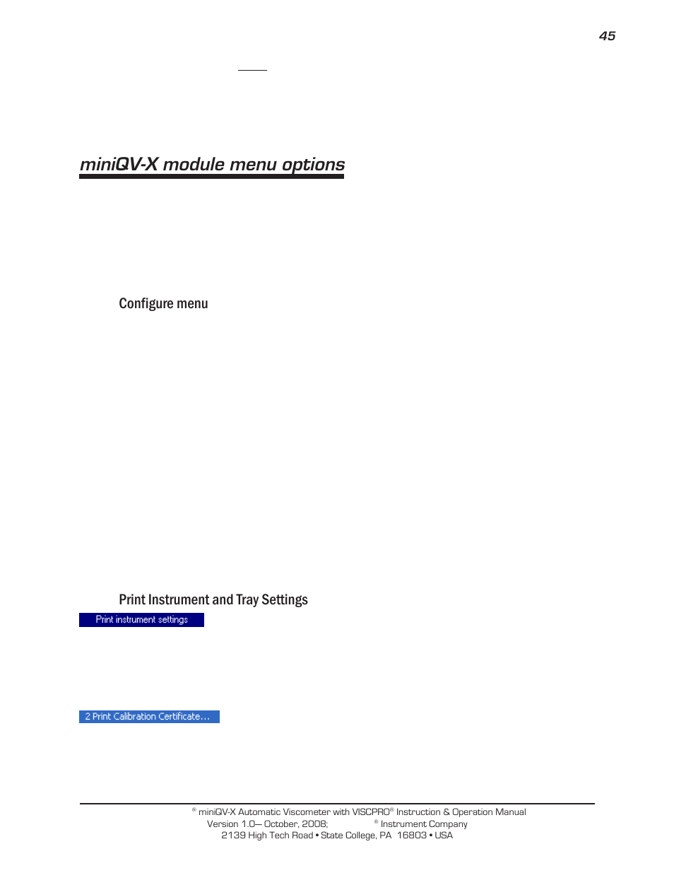 Miniqv-x module menu options, Configure menu, Print instrument and tray settings | Cannon Instrument miniQV-X User Manual | Page 51 / 140