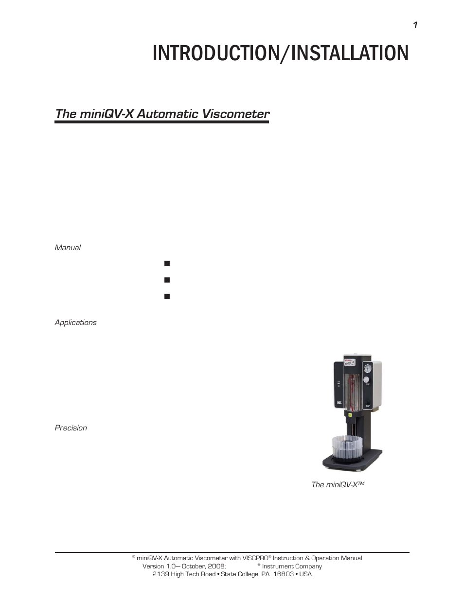 Introduction/installation, The miniqv-x automatic viscometer | Cannon Instrument miniQV-X User Manual | Page 7 / 140