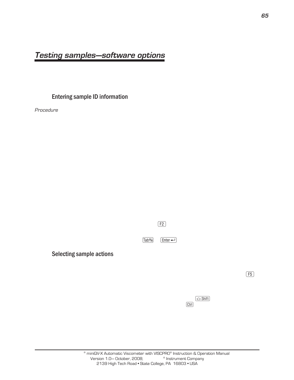 Testing samples—software options, Entering sample id information, Selecting sample actions | Cannon Instrument miniQV-X User Manual | Page 71 / 140