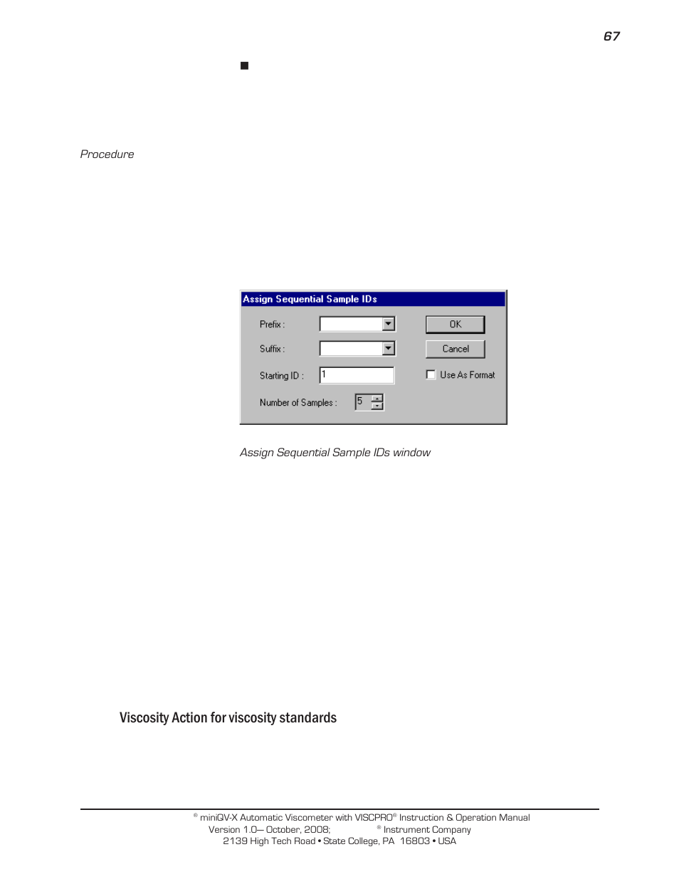 Viscosity action for viscosity standards | Cannon Instrument miniQV-X User Manual | Page 73 / 140