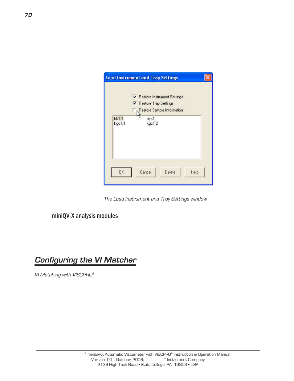 Configuring the vi matcher, Miniqv-x analysis modules | Cannon Instrument miniQV-X User Manual | Page 76 / 140