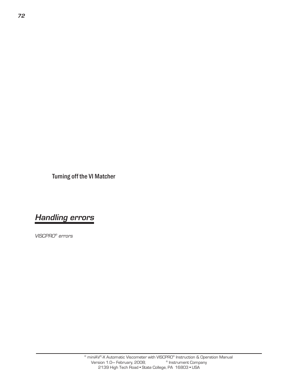 Handling errors, Turning off the vi matcher | Cannon Instrument miniQV-X User Manual | Page 78 / 140