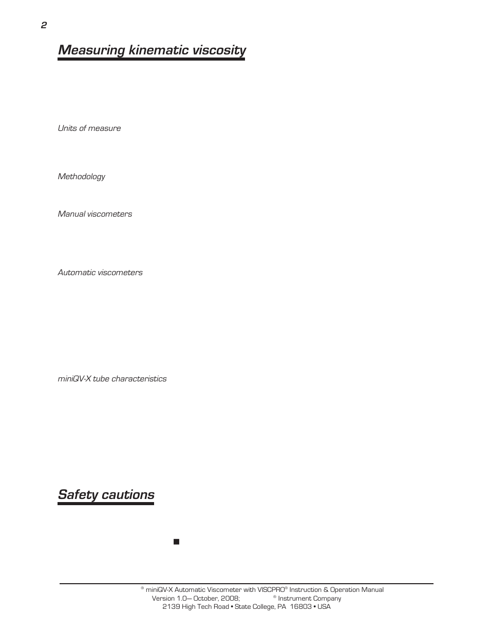 Measuring kinematic viscosity, Safety cautions | Cannon Instrument miniQV-X User Manual | Page 8 / 140