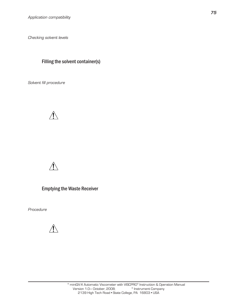 Filling the solvent container(s), Emptying the waste receiver | Cannon Instrument miniQV-X User Manual | Page 81 / 140