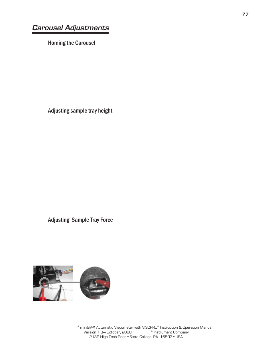 Carousel adjustments, Homing the carousel, Adjusting sample tray height | Adjusting sample tray force | Cannon Instrument miniQV-X User Manual | Page 83 / 140