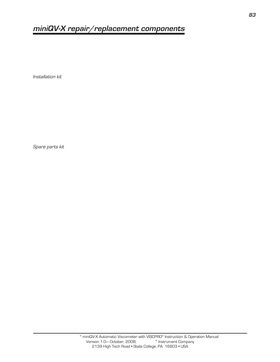 Miniqv-x repair/replacement components | Cannon Instrument miniQV-X User Manual | Page 89 / 140