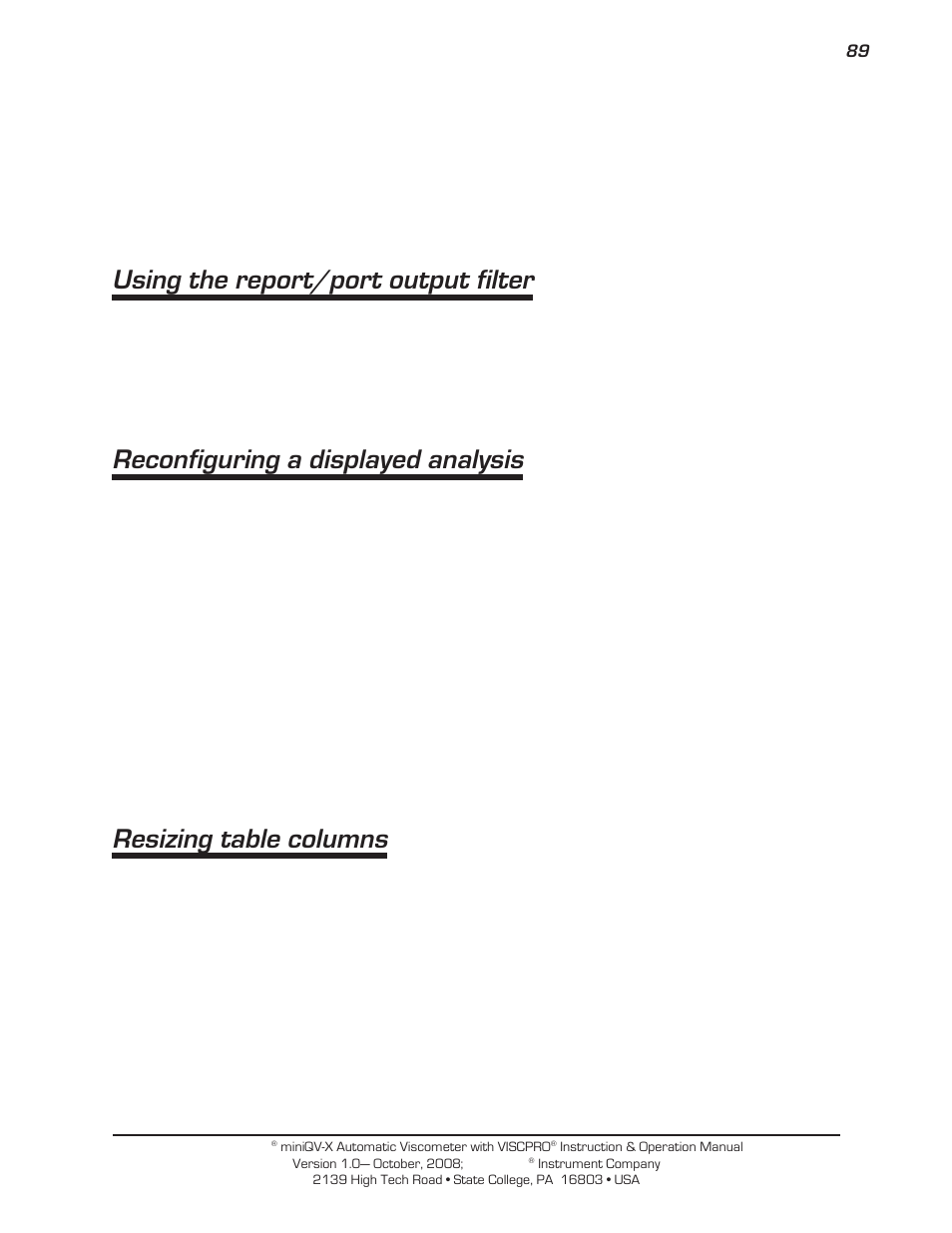 Using the report/port output filter, Reconfiguring a displayed analysis, Resizing table columns | Cannon Instrument miniQV-X User Manual | Page 95 / 140
