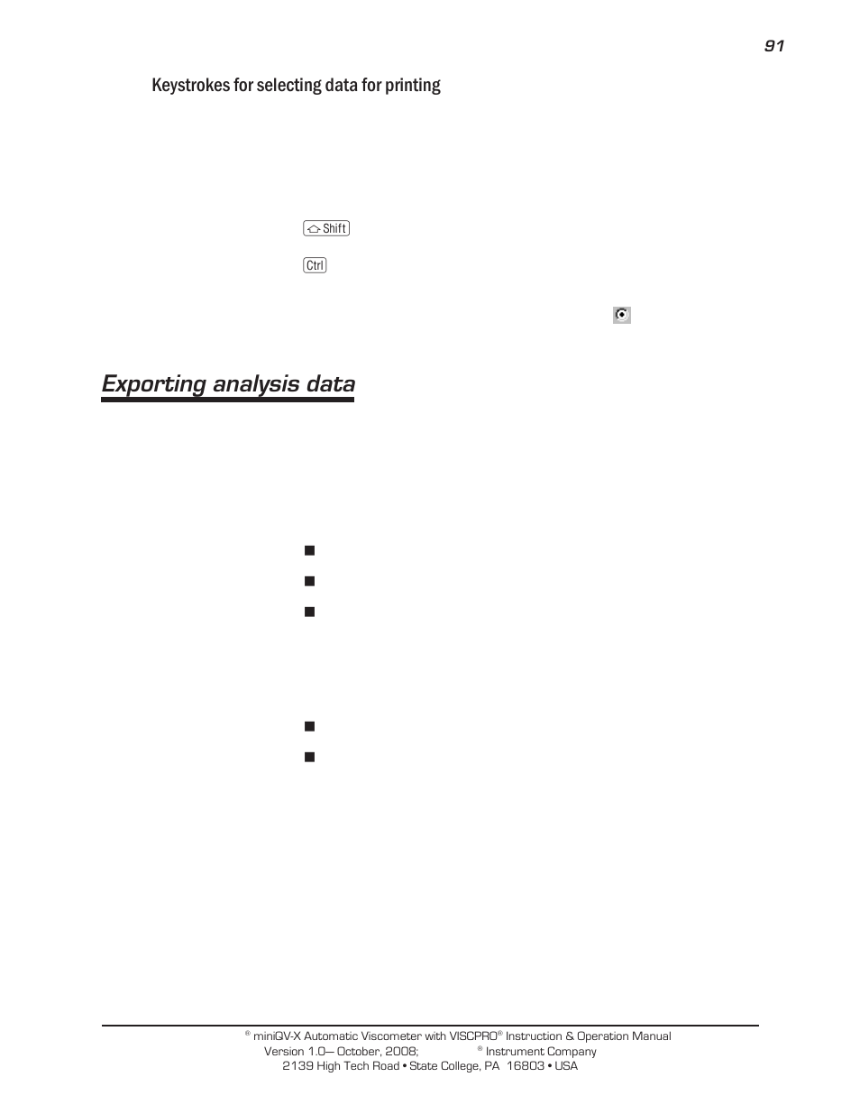 Exporting analysis data, Keystrokes for selecting data for printing | Cannon Instrument miniQV-X User Manual | Page 97 / 140