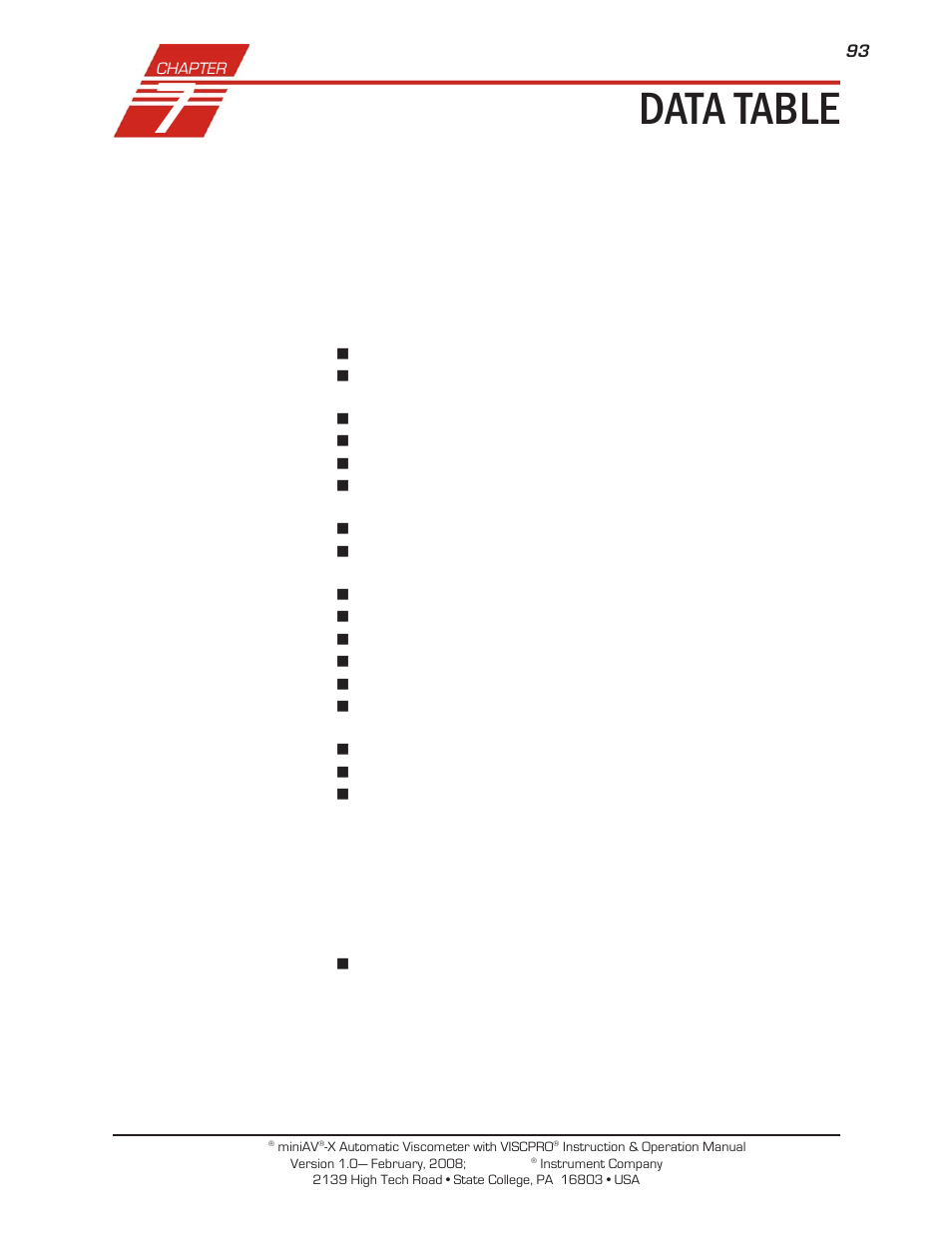 Data table | Cannon Instrument miniQV-X User Manual | Page 99 / 140