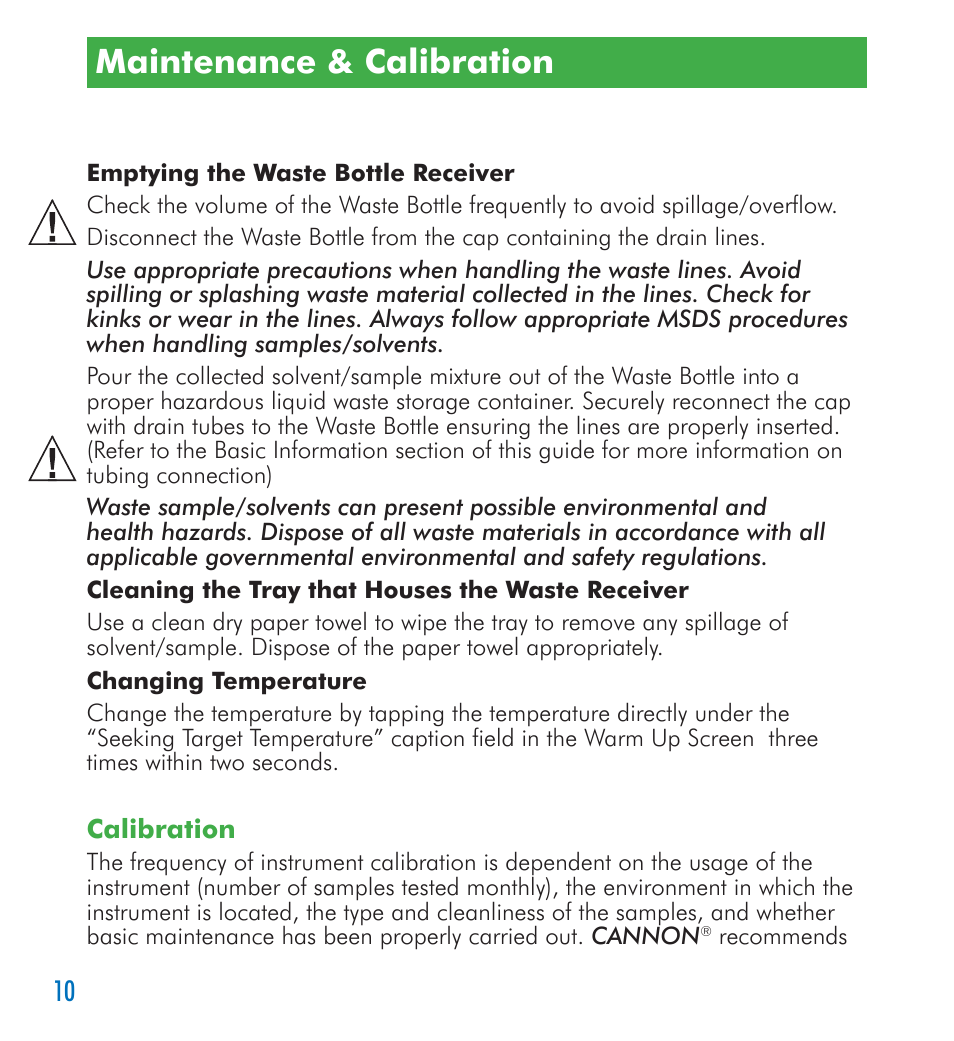 Maintenance & calibration | Cannon Instrument SimpleVIS User Manual | Page 10 / 16