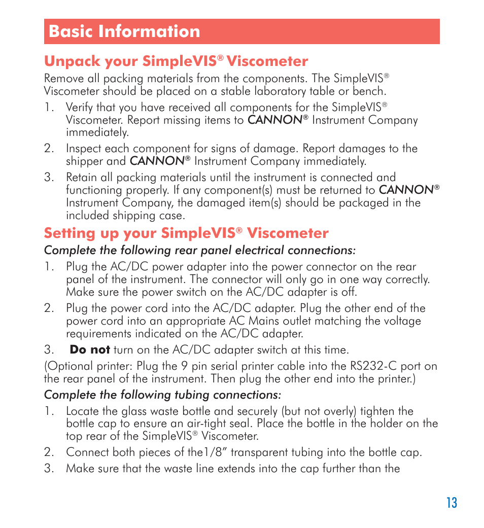 Basic information, Unpack your simplevis, Viscometer | Setting up your simplevis | Cannon Instrument SimpleVIS User Manual | Page 13 / 16