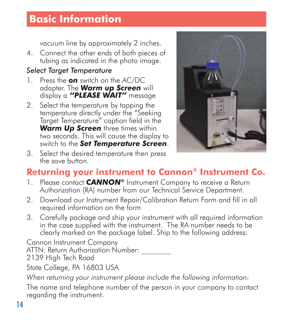 Basic information, Returning your instrument to cannon, Instrument co | Cannon Instrument SimpleVIS User Manual | Page 14 / 16