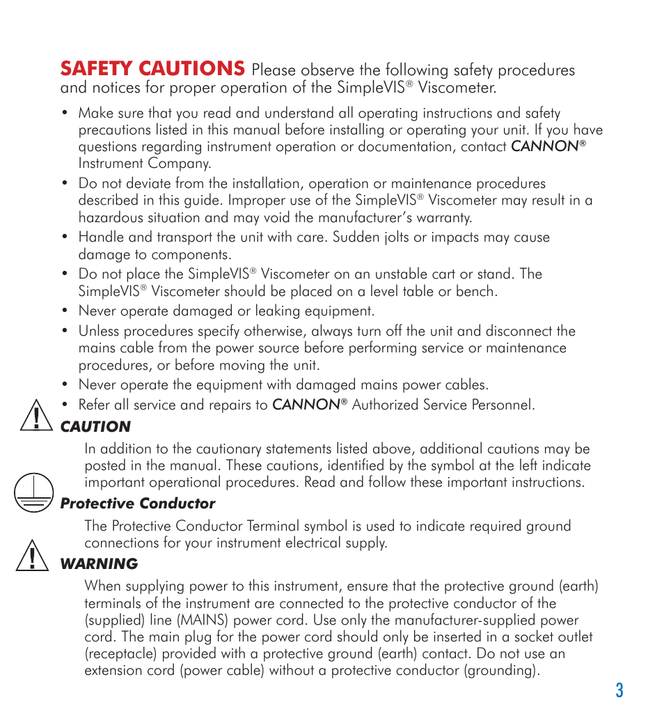 Safety cautions, Viscometer | Cannon Instrument SimpleVIS User Manual | Page 3 / 16