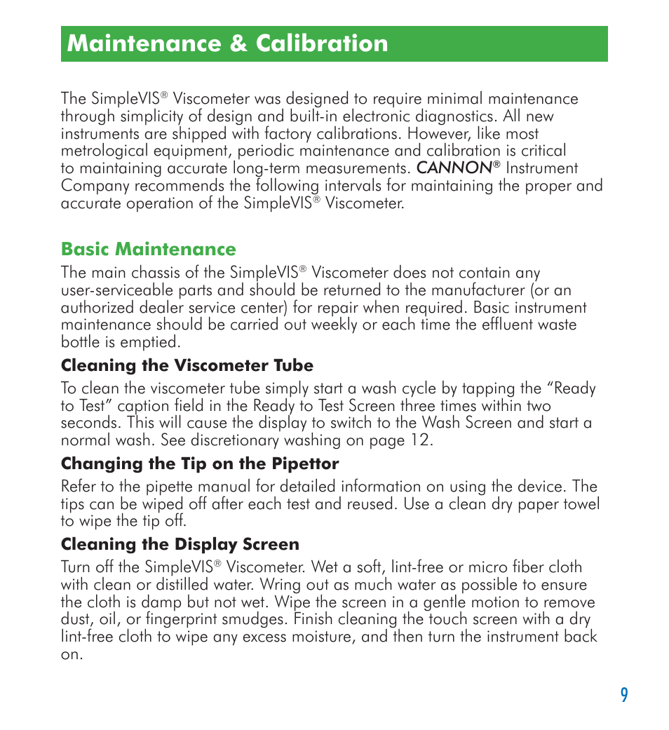 Maintenance & calibration | Cannon Instrument SimpleVIS User Manual | Page 9 / 16