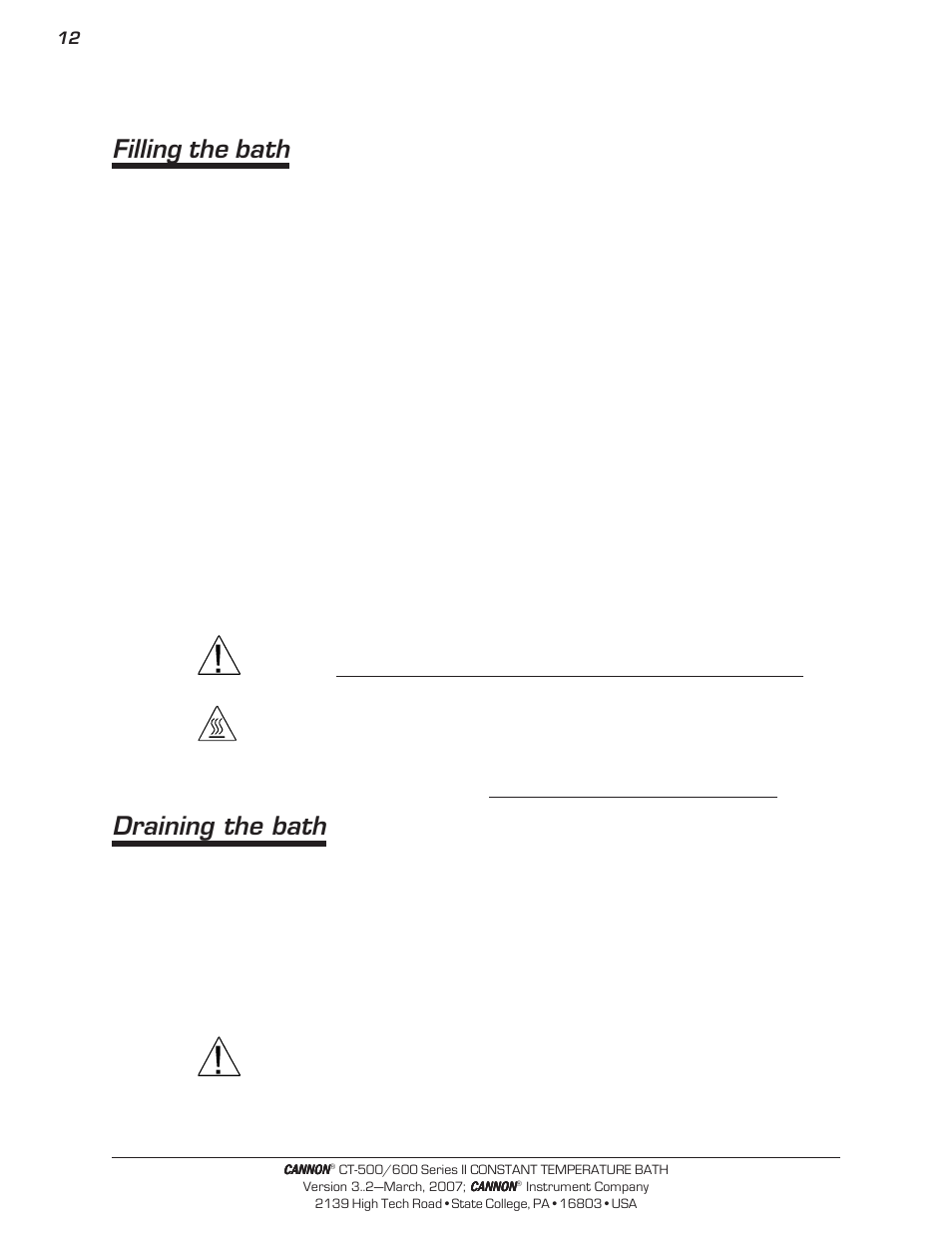 Filling the bath, Draining the bath | Cannon Instrument CT-600 (Contant Temperature Bath) User Manual | Page 14 / 30