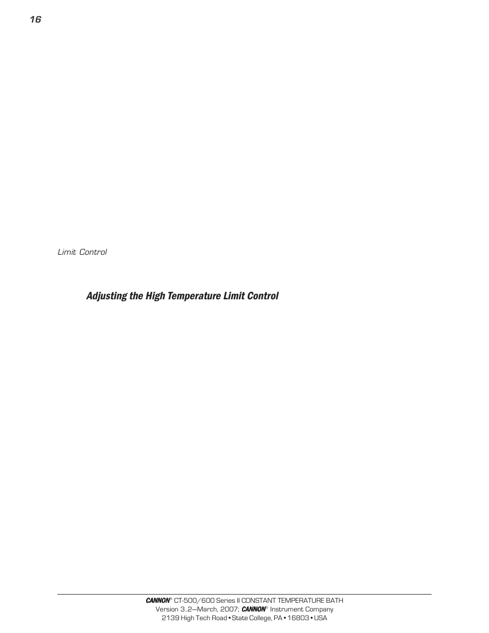 Adjusting the high temperature limit control | Cannon Instrument CT-600 (Contant Temperature Bath) User Manual | Page 18 / 30