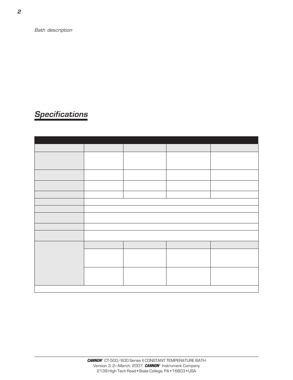 Specifications, Cannon | Cannon Instrument CT-600 (Contant Temperature Bath) User Manual | Page 4 / 30