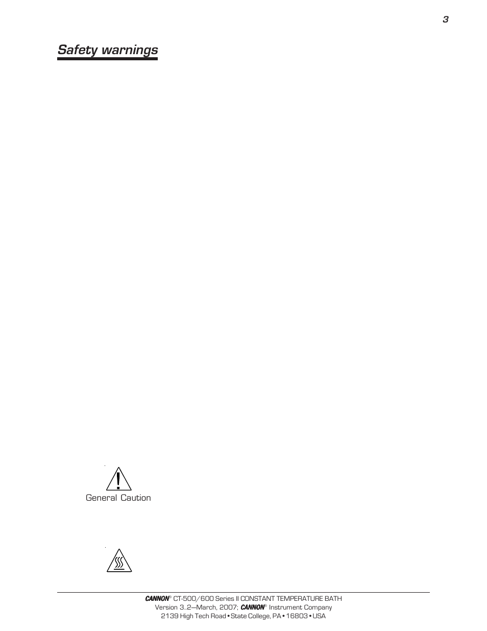 Safety warnings | Cannon Instrument CT-600 (Contant Temperature Bath) User Manual | Page 5 / 30