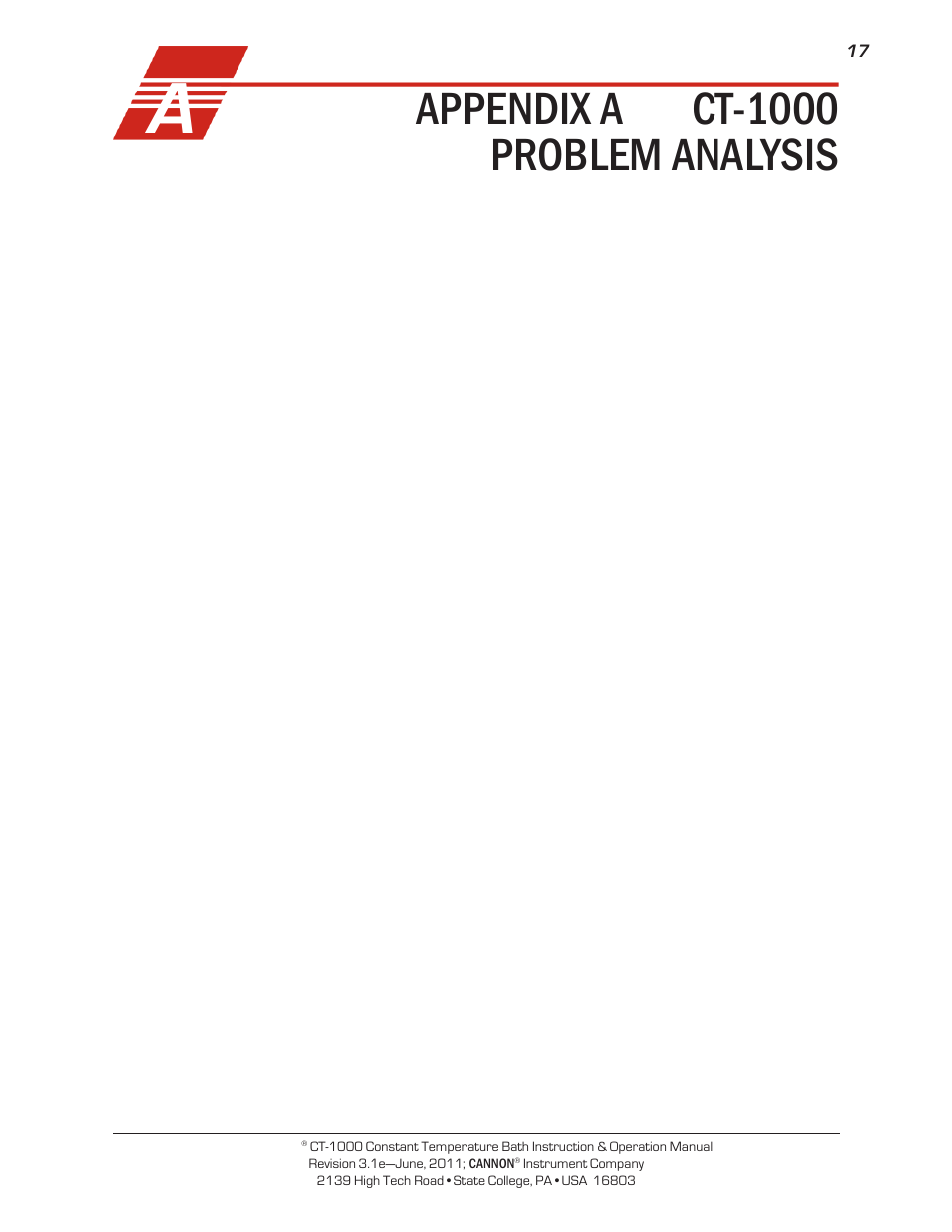Appendix a — ct-1000 problem analysis, Problem, Probable cause | Cannon Instrument CT-1000 (Contant Temperature Bath) User Manual | Page 19 / 30