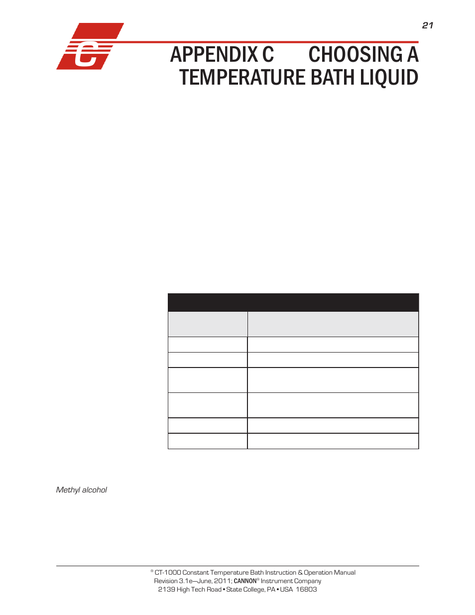 Appendix c — choosing a temperature bath liquid | Cannon Instrument CT-1000 (Contant Temperature Bath) User Manual | Page 23 / 30