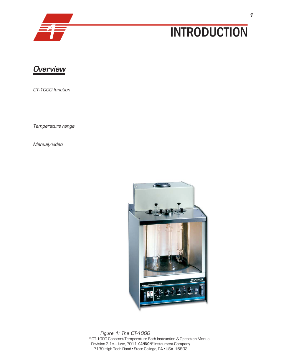 Introduction, Overview | Cannon Instrument CT-1000 (Contant Temperature Bath) User Manual | Page 3 / 30