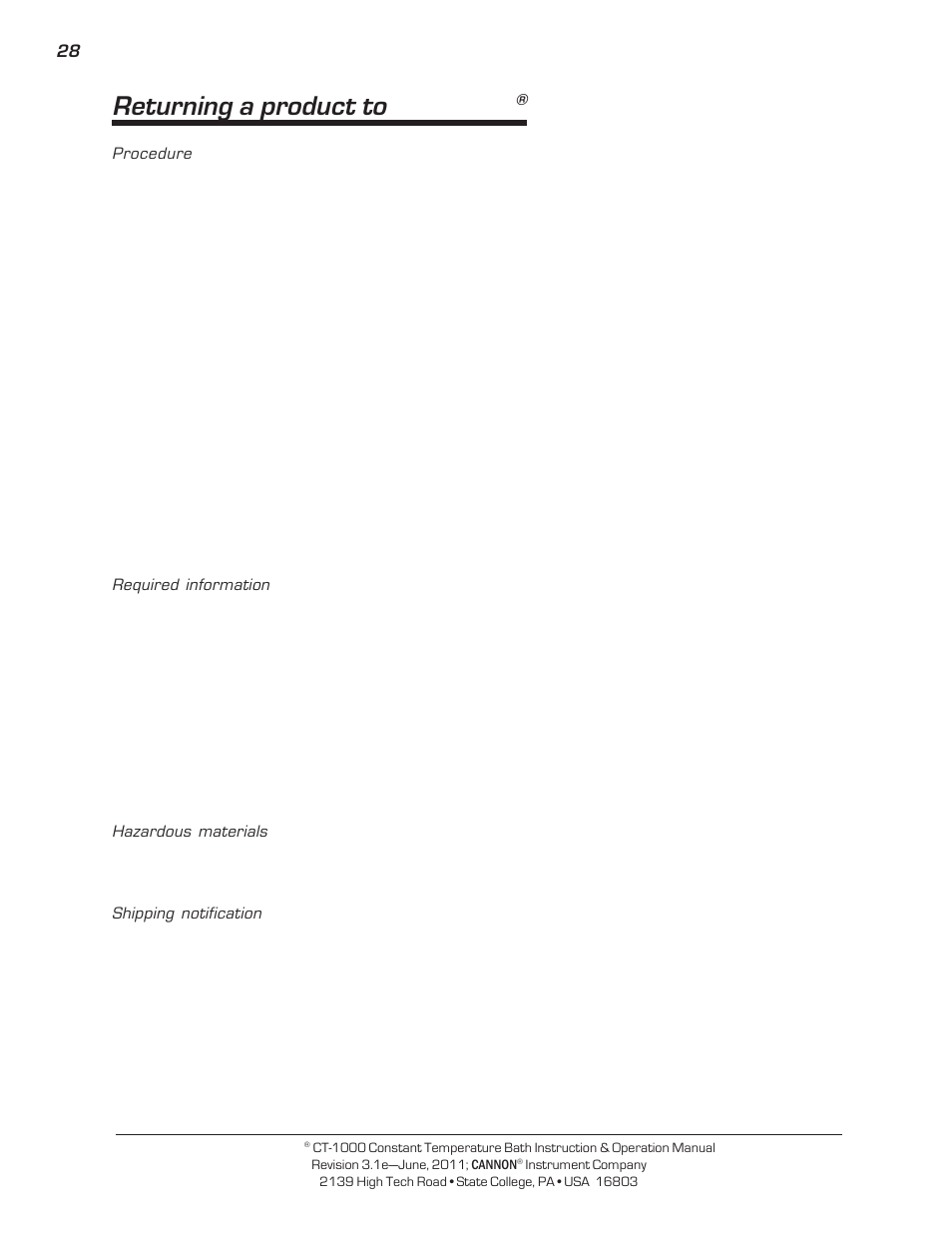 Returning a product to cannon | Cannon Instrument CT-1000 (Contant Temperature Bath) User Manual | Page 30 / 30