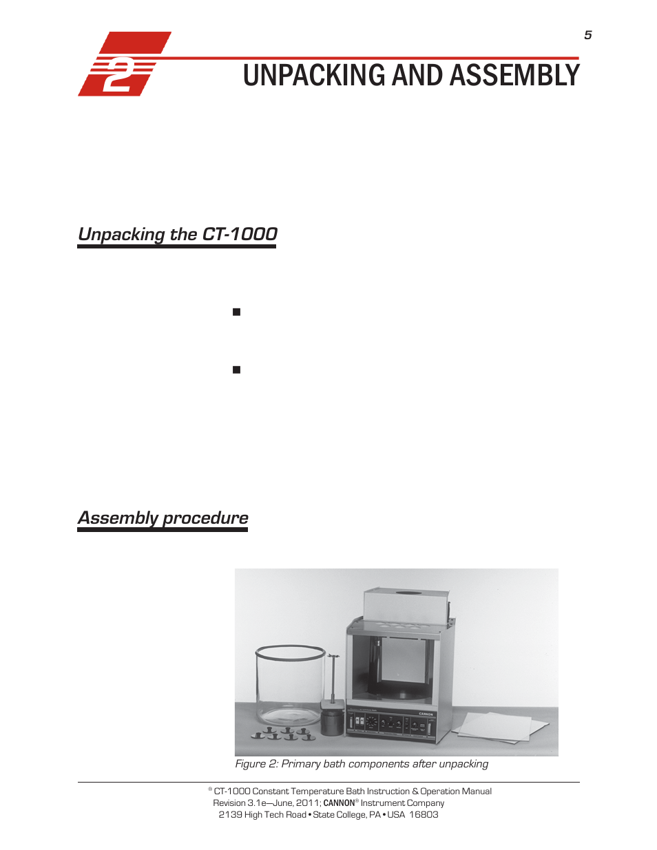 Unpacking and assembly, Unpacking the ct-1000, Assembly procedure | Cannon Instrument CT-1000 (Contant Temperature Bath) User Manual | Page 7 / 30