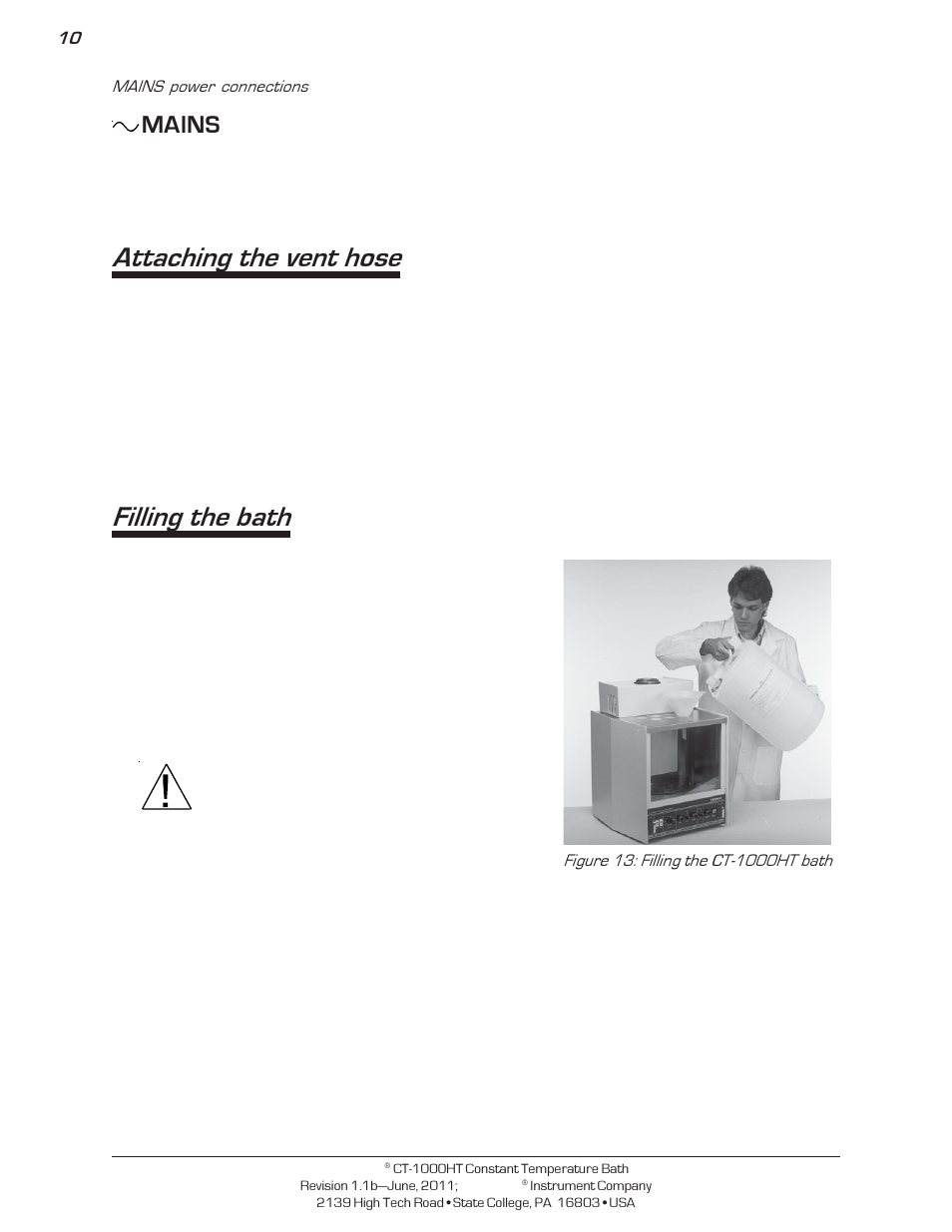 Attaching the vent hose, Filling the bath, Mains | Cannon Instrument CT-1000HT (High Temperature Contant Temperature Bath) User Manual | Page 12 / 26