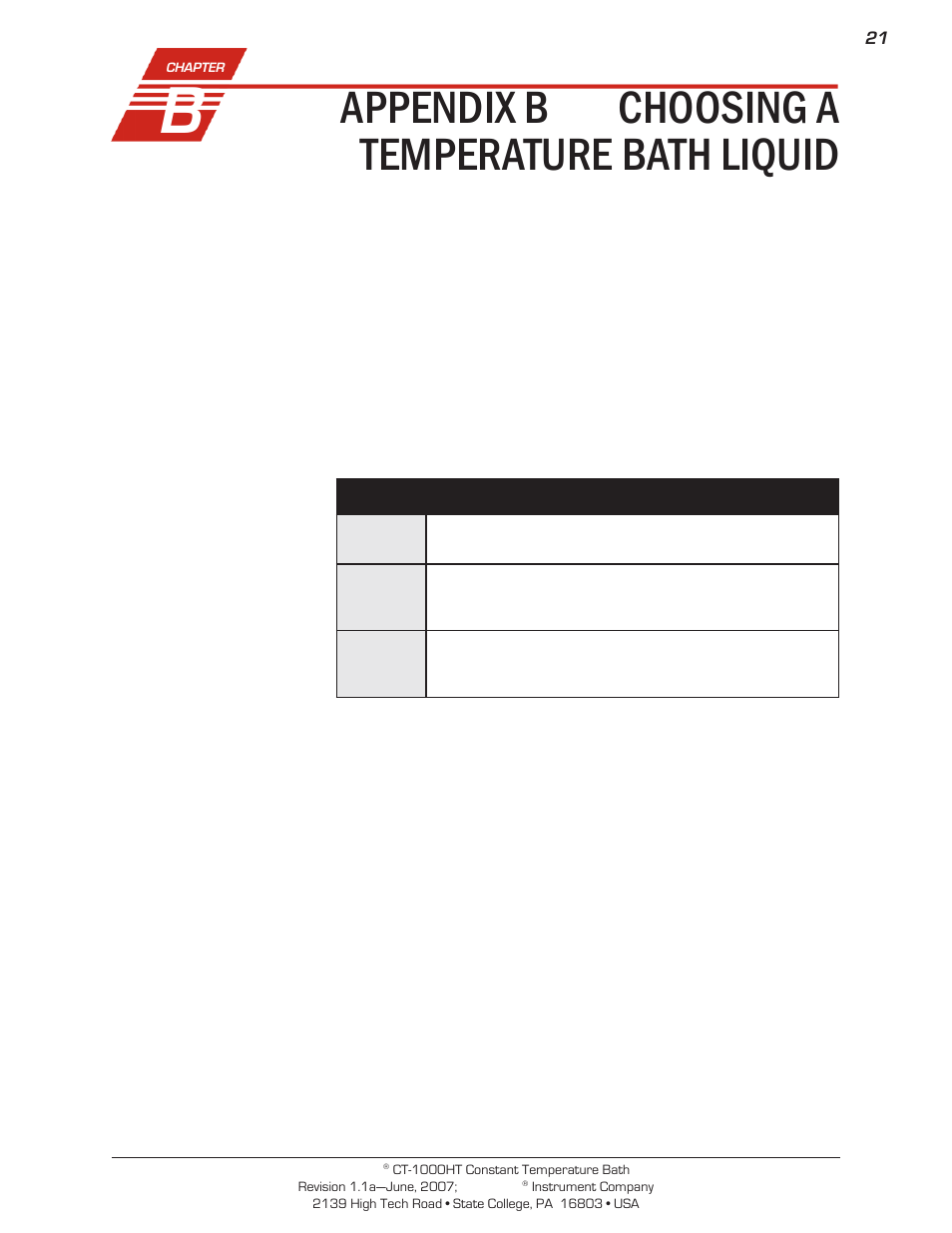 Appendix b — choosing a temperature bath liquid | Cannon Instrument CT-1000HT (High Temperature Contant Temperature Bath) User Manual | Page 23 / 26