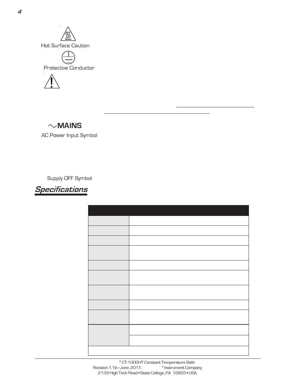 Specifications, Mains, Hot surface caution | Cannon Instrument CT-1000HT (High Temperature Contant Temperature Bath) User Manual | Page 6 / 26