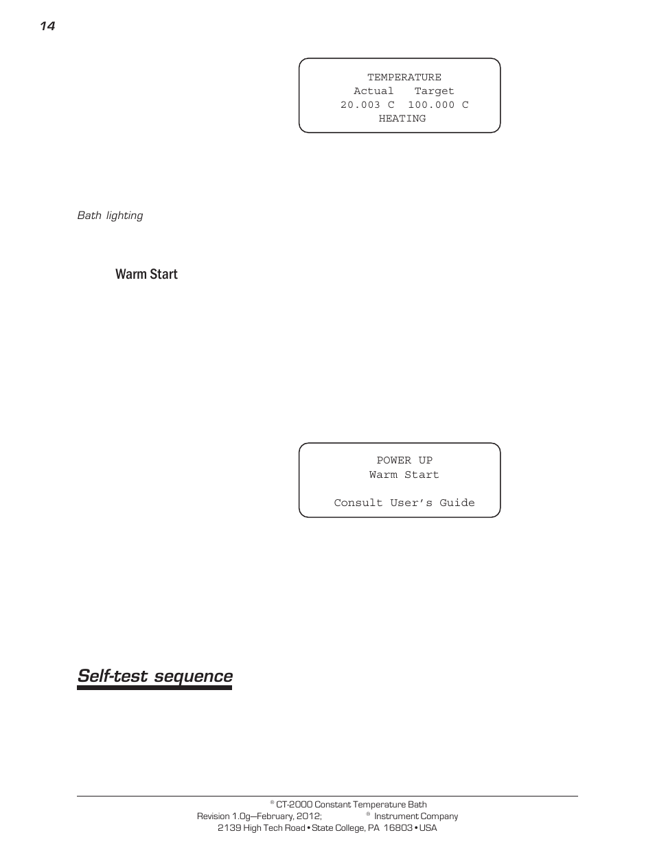 Self-test sequence, Warm start | Cannon Instrument CT-2000 (Contant Temperature Bath) User Manual | Page 16 / 40