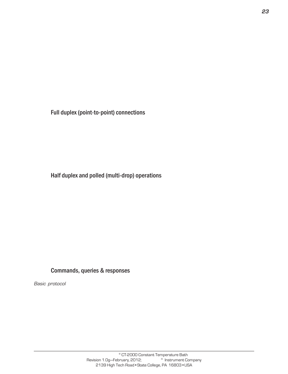 Full duplex (point-to-point) connections, Half duplex and polled (multi-drop) operations, Commands, queries & responses | Cannon Instrument CT-2000 (Contant Temperature Bath) User Manual | Page 25 / 40