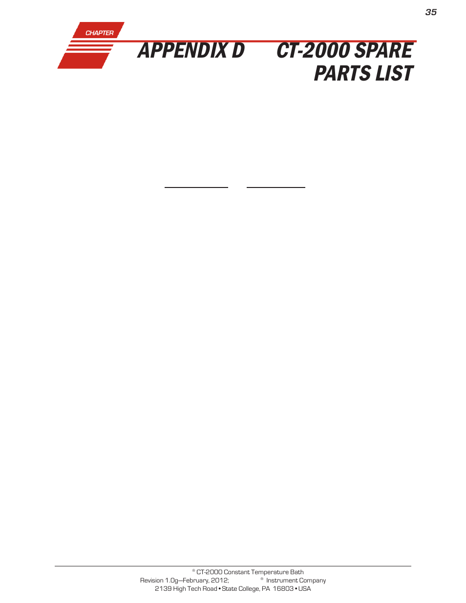 Appendix d, Ct-2000 spare parts list, Part number description | Cannon Instrument CT-2000 (Contant Temperature Bath) User Manual | Page 37 / 40