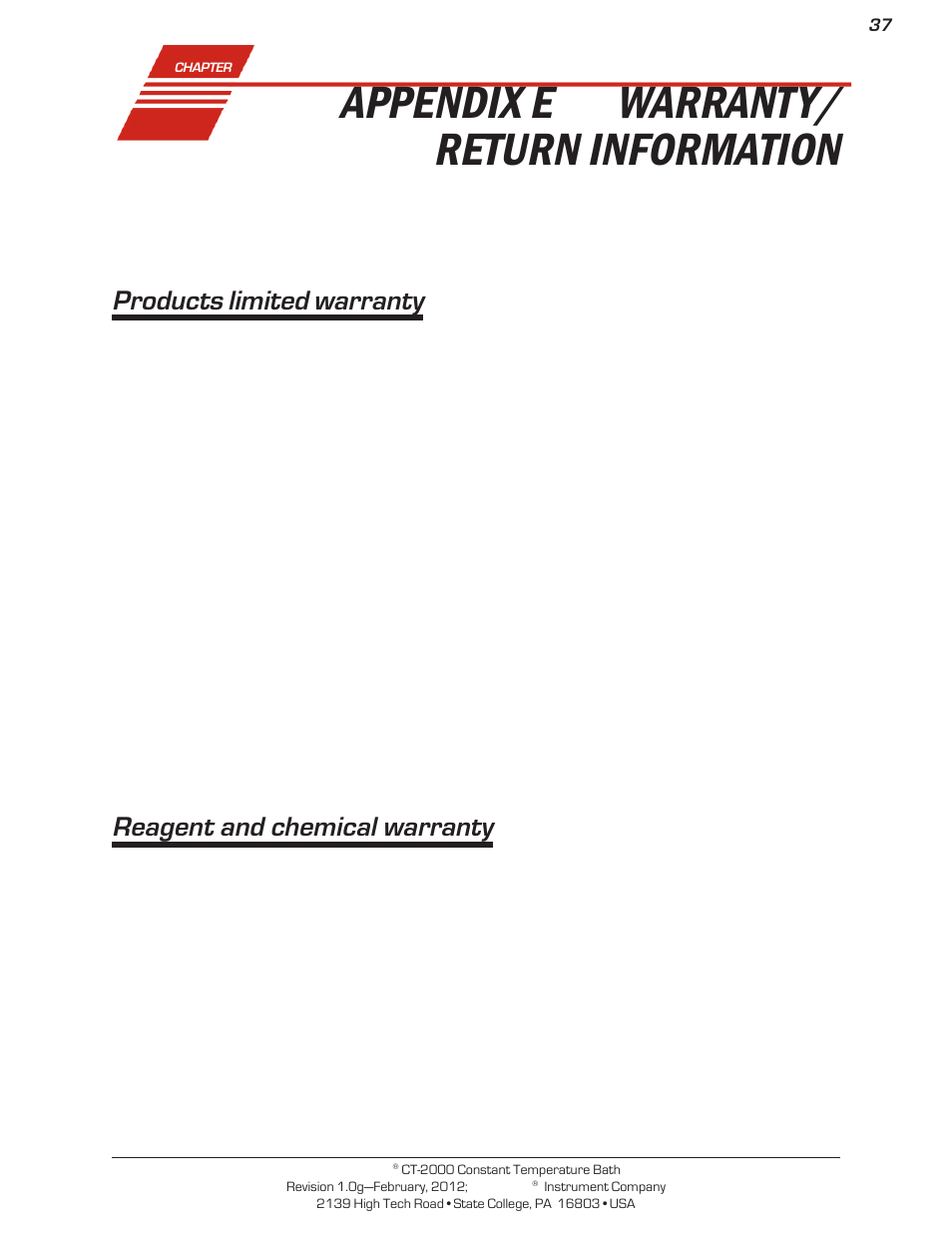 Appendix e, Warranty/ return information, Products limited warranty | Reagent and chemical warranty | Cannon Instrument CT-2000 (Contant Temperature Bath) User Manual | Page 39 / 40