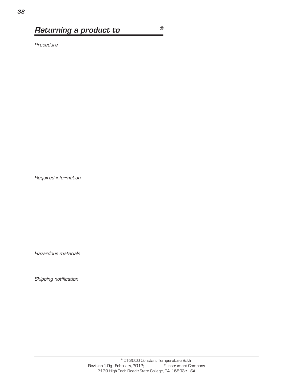 Returning a product to cannon | Cannon Instrument CT-2000 (Contant Temperature Bath) User Manual | Page 40 / 40
