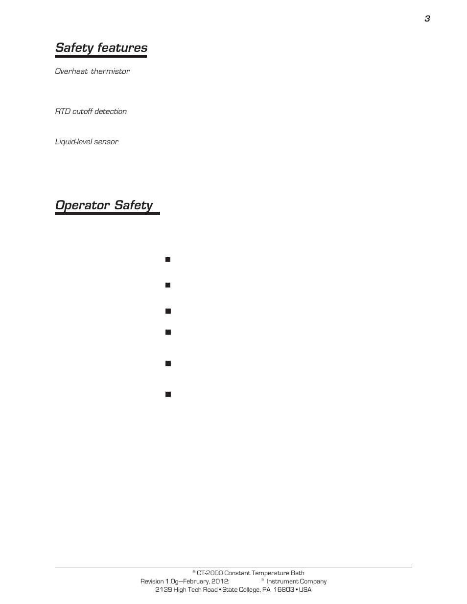 Safety features, Operator safety | Cannon Instrument CT-2000 (Contant Temperature Bath) User Manual | Page 5 / 40