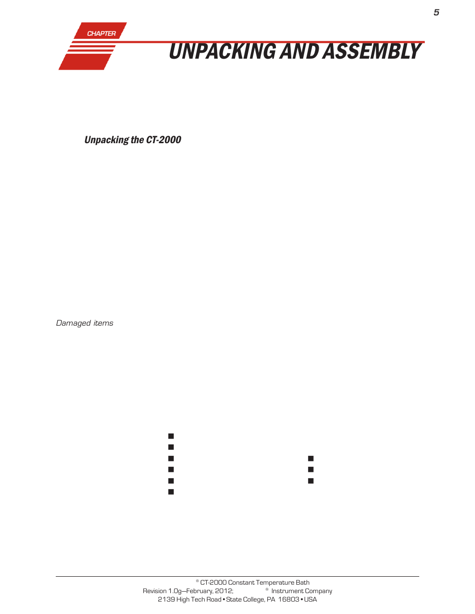 Unpacking and assembly, Unpacking the ct-2000 | Cannon Instrument CT-2000 (Contant Temperature Bath) User Manual | Page 7 / 40