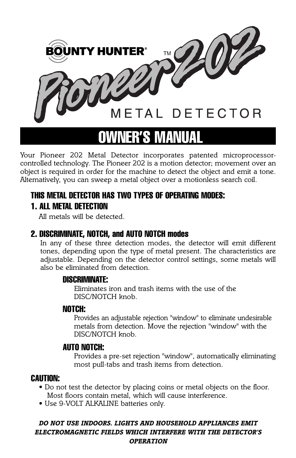 Bounty Hunter PIONEER 202 User Manual | 20 pages