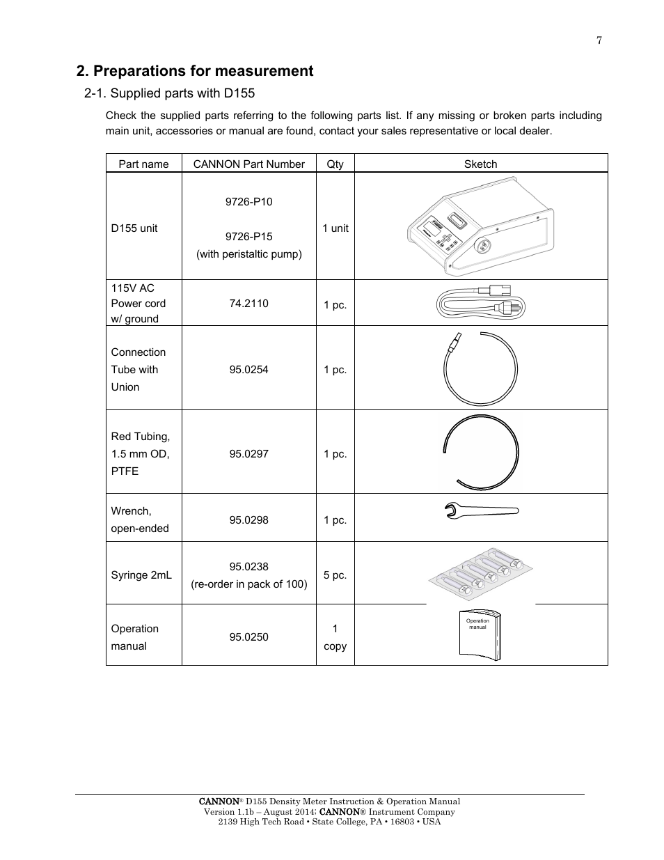 Preparations for measurement, 1. supplied parts with d155 | Cannon Instrument D155 Density Meter User Manual | Page 10 / 51